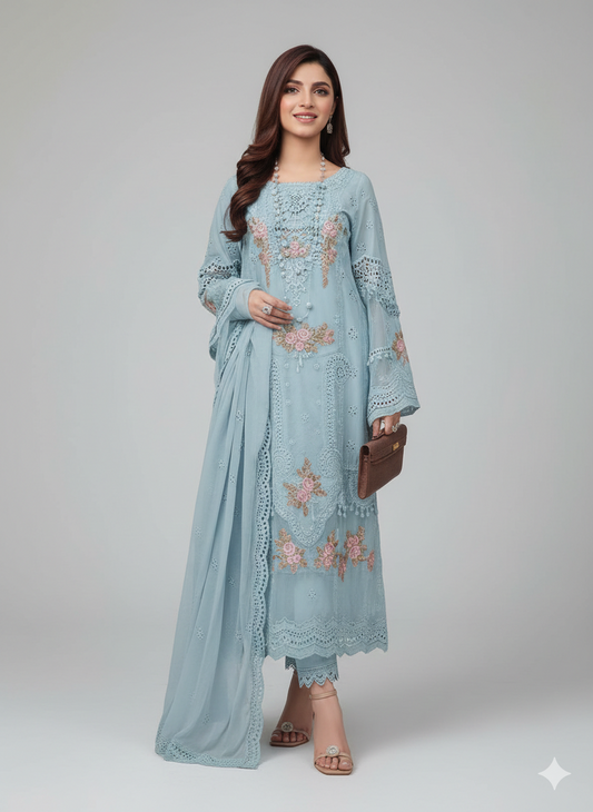 Premium Organza 3-Piece Unstitched Suit: ORG-EC-023